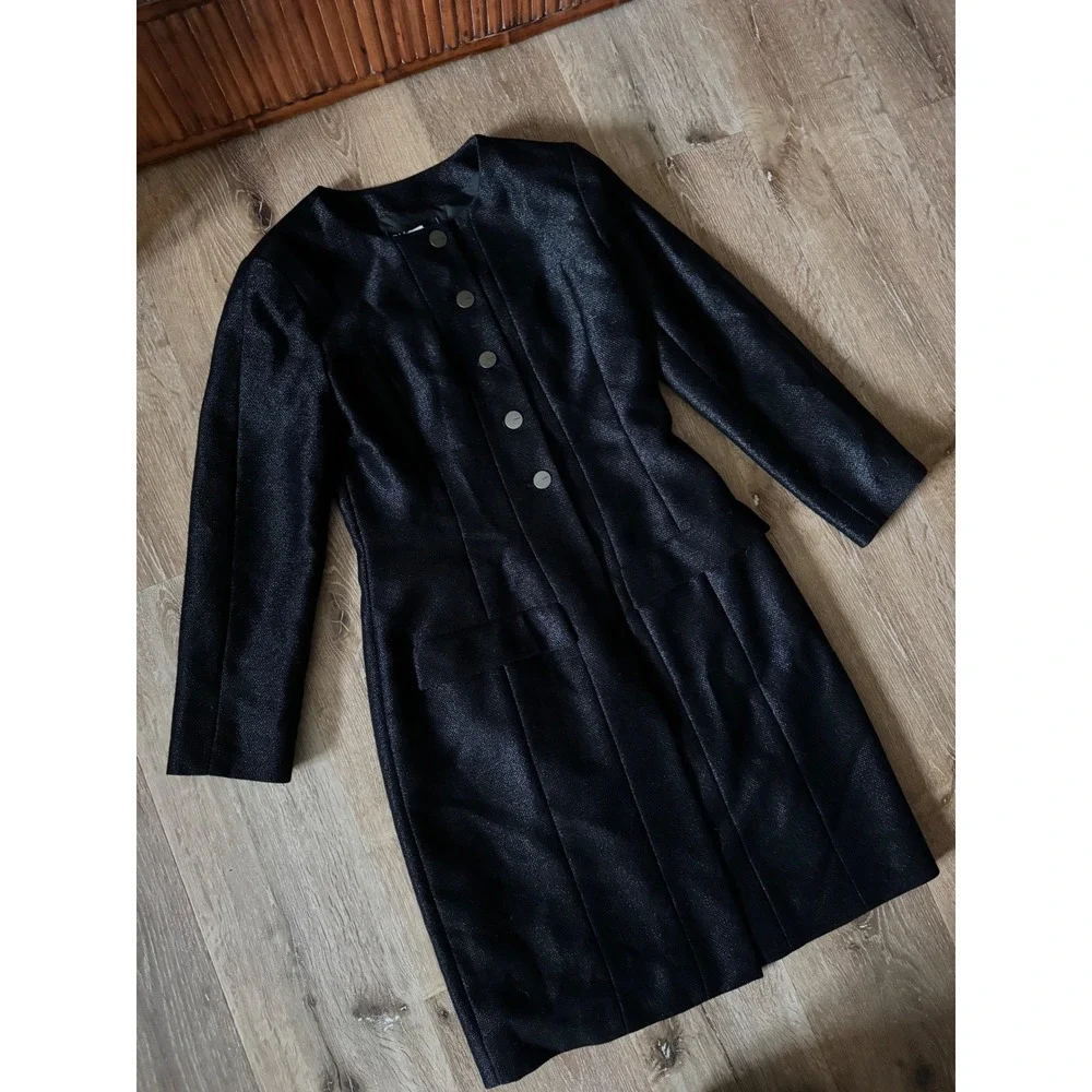 Chanel Vintage 99A Black Wool‎ Blend Long Coat Silk Lined CC Buttons Size 40